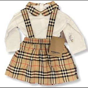 Burberry Suki Organic Cotton Bodysuit & Check Pinafore Dress Beige Sz 18 mth NWT